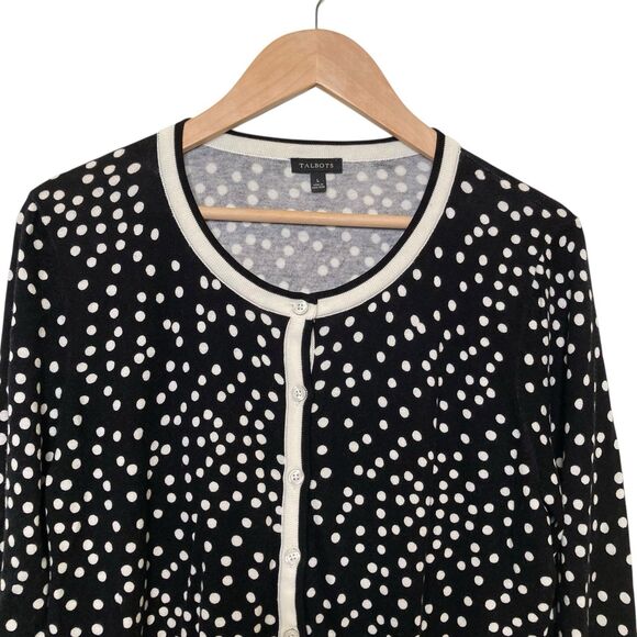 Talbots Sweater Top Womens Size L Black White Polkadot Button Front Long Sleeve - Picture 3 of 11